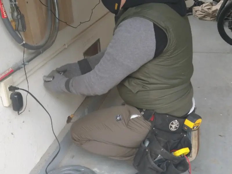Electrician performing outlet wiring in a Mendon garage